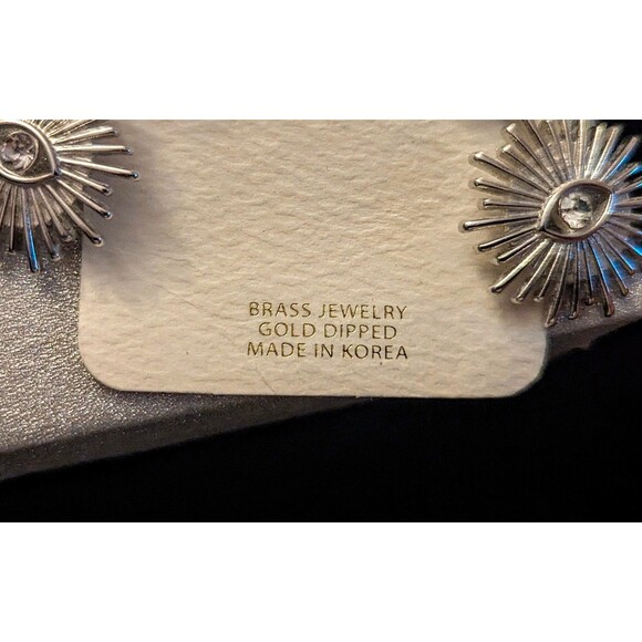 Evil Eye Sun Ray Brass Gold Dipped Silver Color Earrings - Picture 3 of 3